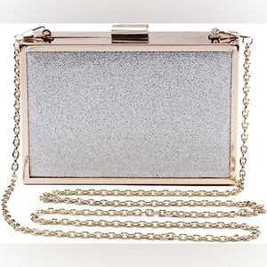 Silver glitter resin square boxy clutch on crossbody chain satin lined